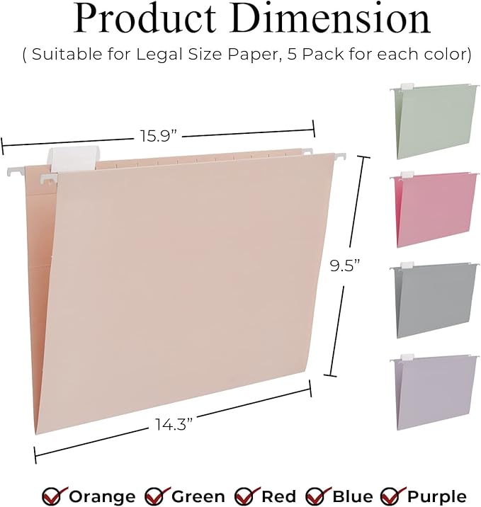 Y YOMA Legal Size - 25 Pack Colored Hanging File Folders Decorative Hanging Folder Cute Pretty File Folder for Filing Cabinet Office Home with 1/5-Cut Adjustable Tabs, Morandi Assorted Color
