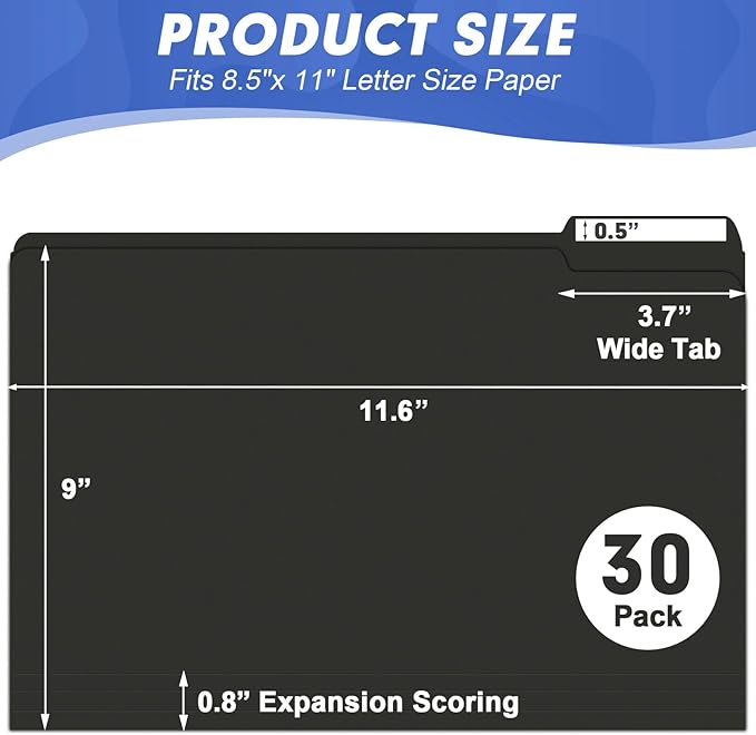 File Folder, HERKKA 30 Pack 1/3 Cut Tab File Folders, File Folders Great for Organizing and Filing, Letter Size, Black