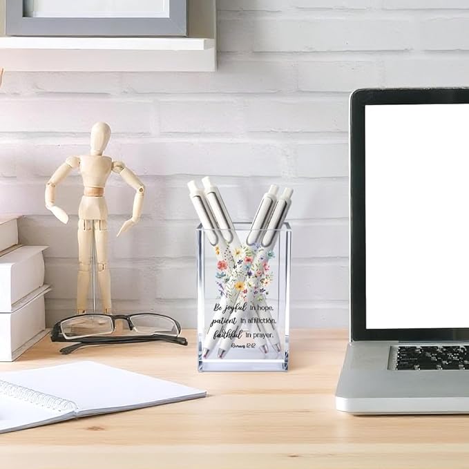 Be Joyful in Hope, Patient in Affliction Romans 12:12 Acrylic Cosmetic Pencil Pen Holder Cup, Christian Verse Pen Holder Cup, Christian Gifts for Women Boss Friend Teacher