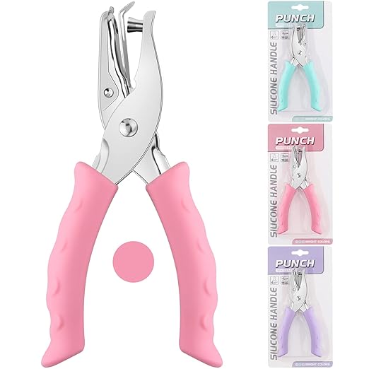 NEBURORA Hole Punch, Pink Single Hole Puncher Metal with Soft-Handled for DIY Craft Tags Clothing Ticket Scrapbook Tool, 3 Colors Options