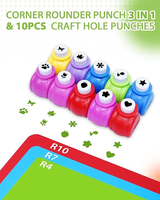 UCEC 3-in-1 Corner Rounder Punch and 10PCS Mini Shape Punches Set, Blue Paper Corner Cutter with 4mm/7mm/10mm Radius, Design Hole Puncher for Scrapbooking, Card Making, Stamp, Teachers and Kids Crafts