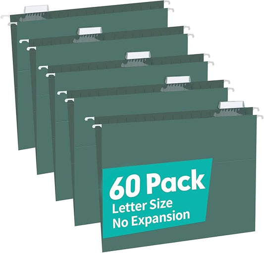 HERKKA Extra Capacity Hanging File Folders, 60 Pack Reinforced Letter Size Hanging Folders with Heavy Duty 0 Inch Expansion, Designed for Bulky Files, Green