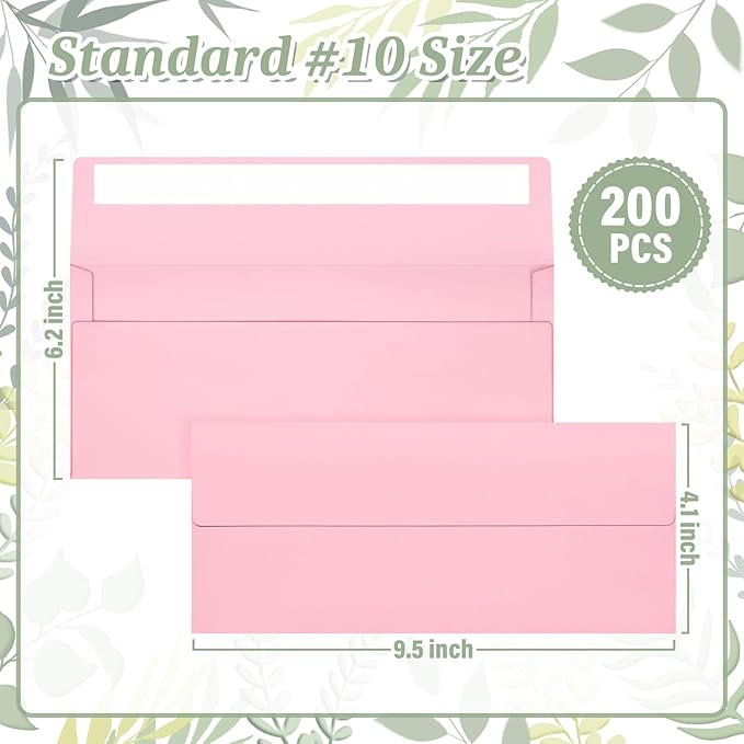 200 Pcs #10 Business Envelopes, Self Seal Standard Envelopes, Windowless Business Mailing Envelopes for Office, Checks, Letters, Invoices, Statements, Wedding, Size 4-1/8 x 9-1/2 inch (Pink)