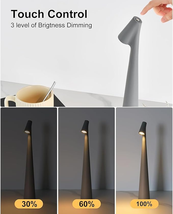 Cordless Small Table Lamps Set of 2,3 Levels Brightness Portable Desk Lamp,Rechargeable Battery Lights for Outdoor, Restaurant, Bedside, Baby Night Light(Grey)