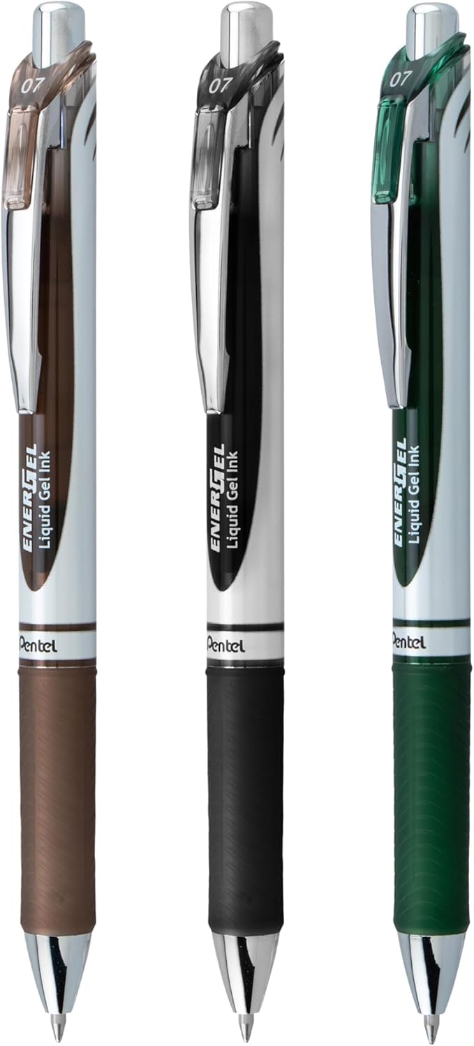 Pentel EnerGel RTX Retractable Liquid Gel Pen, 0.7mm, Camo Hue, Sepia, Black, and Forest Green Ink, Pack of 3 Pens (BL77CAMBP3M)