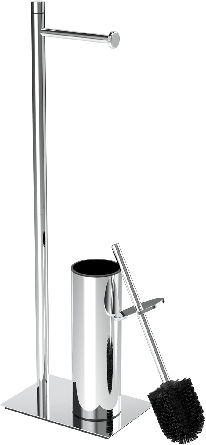RUACQ Toilet Paper Holder Stand with Toilet Brush and Holder Set, 304 Stainless Steel Bathroom Toilet Tissue Paper Roll Holder Free Standing, Weighted Base, Heavy Duty (Chrome)