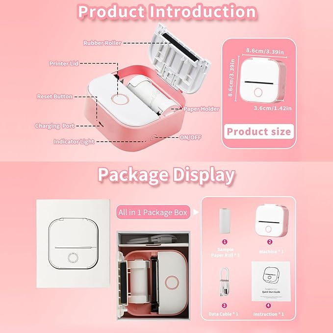 Instant Print for Kids - T02 Mini Printer, Thermarote Sticker Maker, Instant Phone Photo Printer for Study, Fun, Games, Stickers, Labels, Flashcards, Pink
