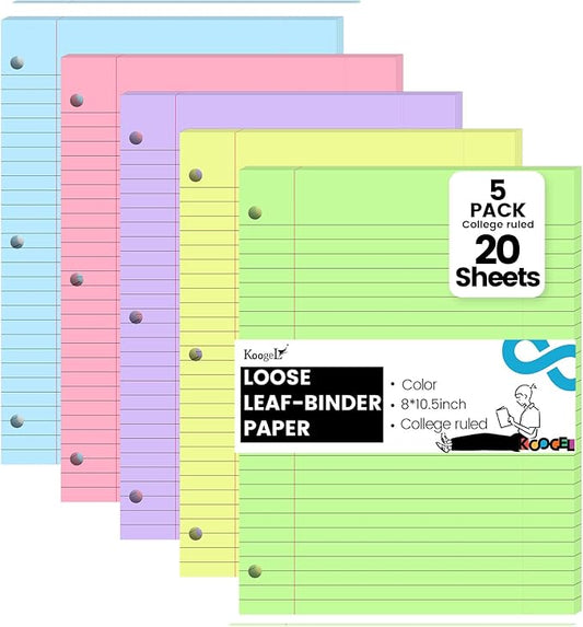 Koogel 100 Sheets Loose Leaf Notebook Paper – 5-Color College Ruled, 3-Hole Punch, 8 x 10.5 Inch for School, Office & Travel Notes
