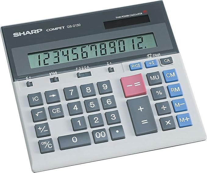 Sharp QS-2130 12-Digit Commercial Desktop Calculator with Kickstand, Arithmetic Logic, Battery and Solar Hybrid Powered LCD Display, Great for Home and Office Use