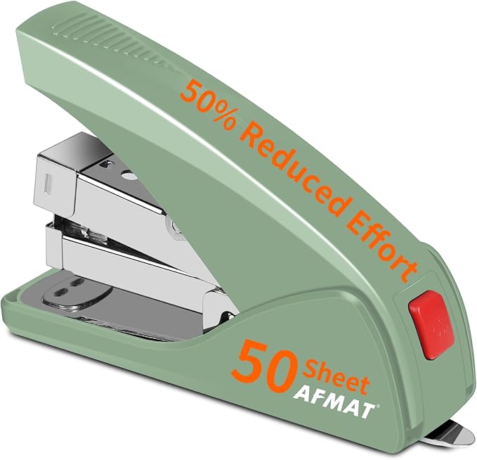 AFMAT ES10 Effortless Stapler for Desk, 50 Sheet Capacity, Low Force, Built-in Staple Remover, One Finger Touch Stapling Desktop Stapler, Portable & Space Save Size, Good for Home & Office, Green