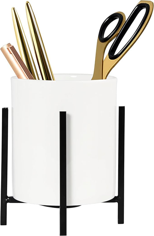 Durable Ceramic Pen Cup, Desk Ceramic Pencil Cup with Metal Legs, Black and White Pen Holder Cup for Office, Desk Decor for Women Girls