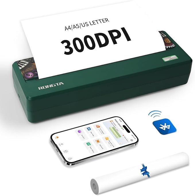 Rongta Portable Printer Wireless for Travel,300DPI Bluetooth Inkless Thermal Small Printer for Office/School/Home Use Compatible with Android,iOS & Laptop,Support 8.5" X 11" US Letter