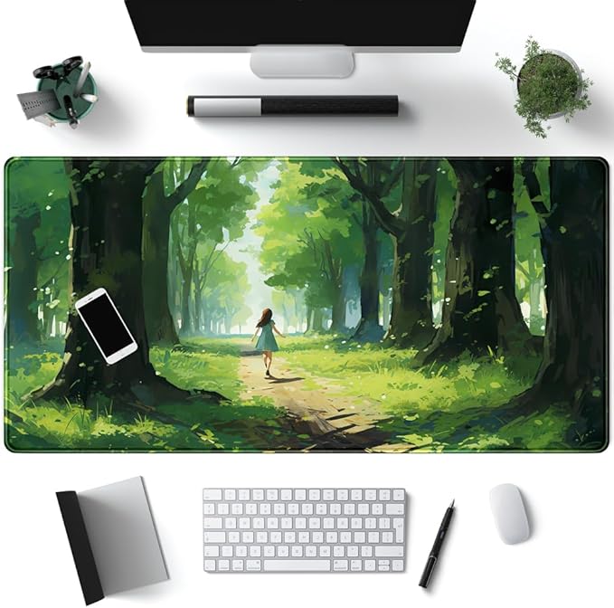 Jungle Anime Green Girl Character Desk Mat Aesthetics Oil Painting Ai Art Gaming Big Mouse Pad for Desk Office Decor for Women Large Desktop Mat Laptop Keyboard Mousepad Pad for Desk 31.5x15.8in