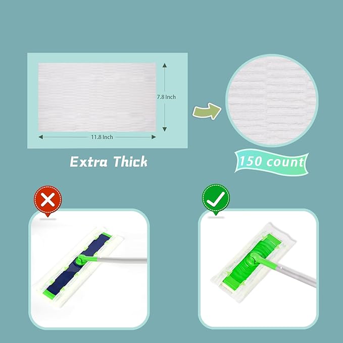 UKEENOR Dry Mop Refills 150 Counts Disposable Dusting Cloths Dry Sweeping Refills Dry Duster Cloths Mop Pads Floor Cloth Refills Electrostatic Cloths 7.8"x11.8" Extra Thick Box Packing