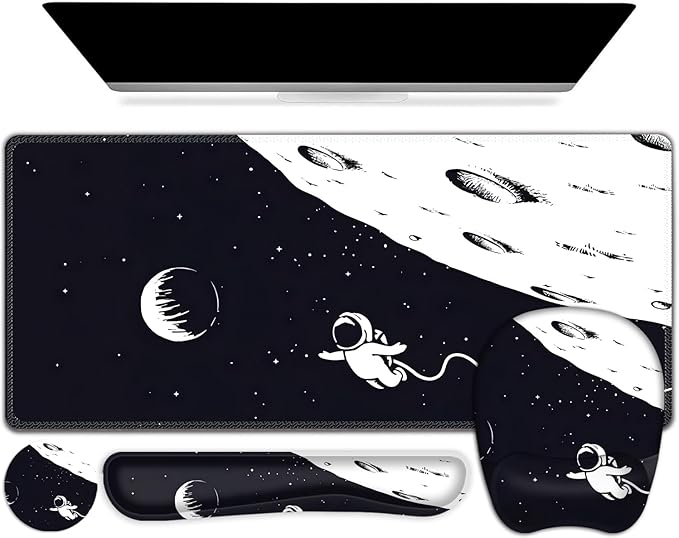 Large Mouse Pad, Keyboard Wrist Rest Set, Ergonomic Mouse Pad with Wrist Support, Desk Mat with Stitched Edges + Coaster, Extended Desk Pad Waterproof Desk Mat for Home Office Game I Space Astronaut