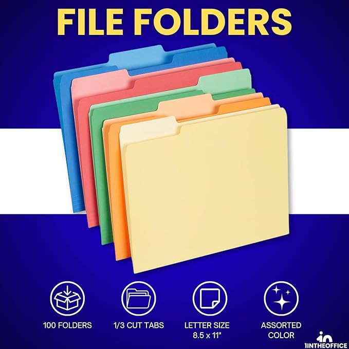 1InTheOffice Colored Interior File Folders Letter Size, File Folders 1/3 Cut Assorted Tab, Assorted Colors, 100/Pack