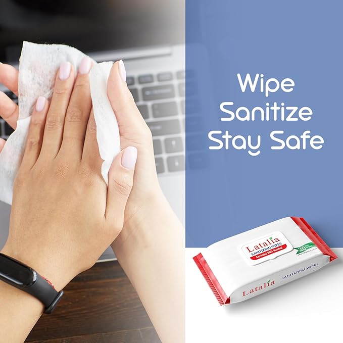 Latalia Hand Wipes Pack of 2| 80% Alcohol Hand Sanitizer Wipes for Hands & Face Moisturizing, Gentle, Convenient and Fragrance Free (20 Counts)