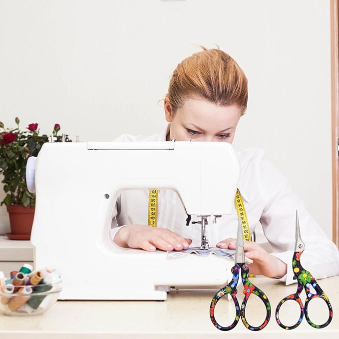 AQUEENLY Embroidery Scissors Vintage 2 Pcs Stainless Steel Stork Scissors Small Sewing Scissor Sharp 3.6 Inches Crochet Scissor for artwork, Threading, Needlework, Black Flower Style