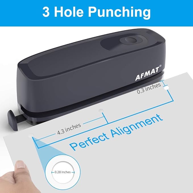 AFMAT HP08 Electric 3 Hole Puncher, 20-Sheet Hole Punch 3 Ring, AC or Battery Operated Three Hole Punch, Effortless Punching, Long Lasting Paper Punch for Office, School, Studio, Gray