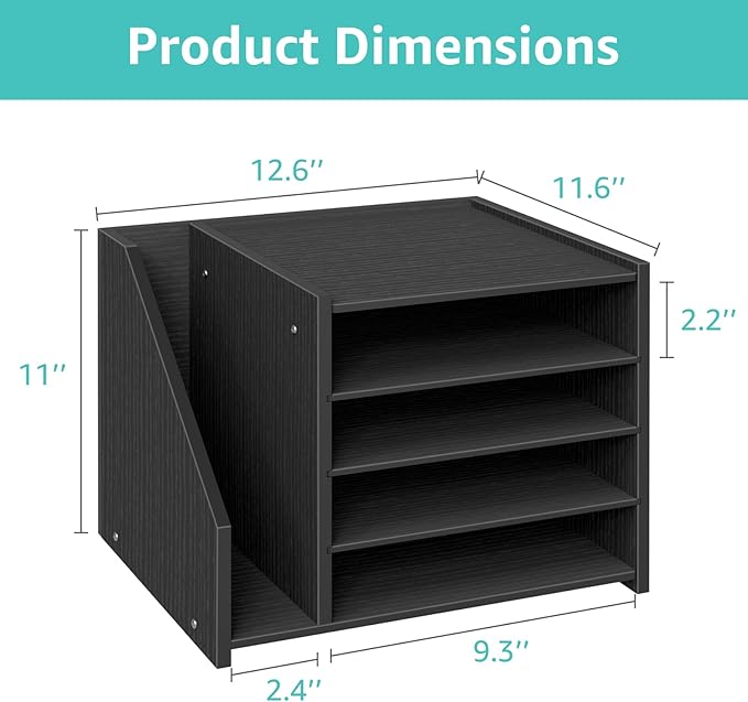 Wood Paper Tray Organizer for Desk - 5 Tier Desk Top File Storage Office Workspace Desktop Organization Stationary Small Wooden Shelf, Black