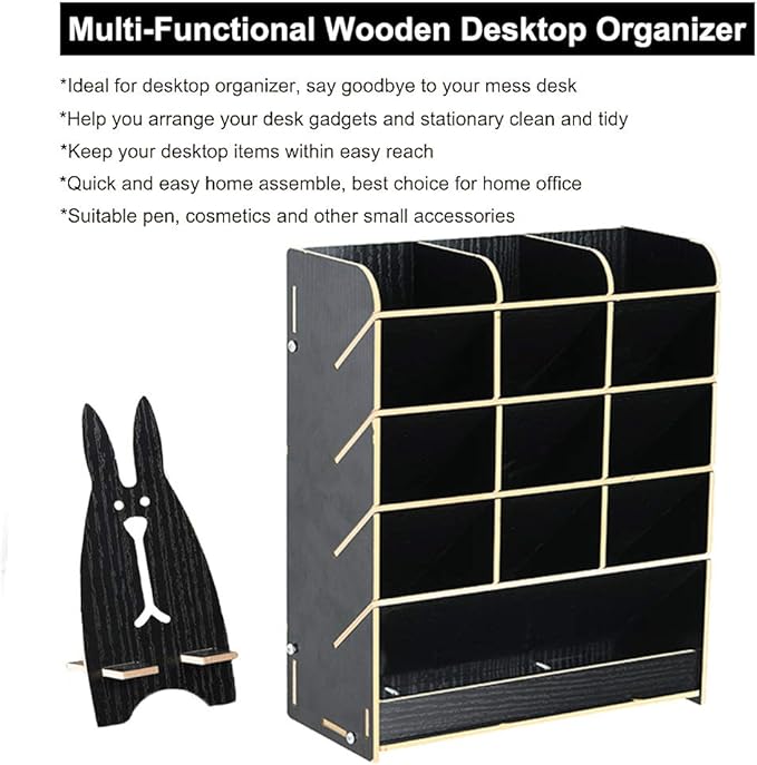 Marbrasse Wooden Pen Organizer, Multi-Functional DIY Pen Holder Box, Desktop Stationary, Easy Assembly, Home Office Art Supplies Organizer Storage with Drawer (B12-Black)