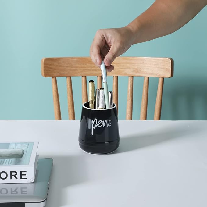 LEEOTYI Ceramic Farmhouse Pen Holder for Desk, Pencil Organizer 16 oz (Black)