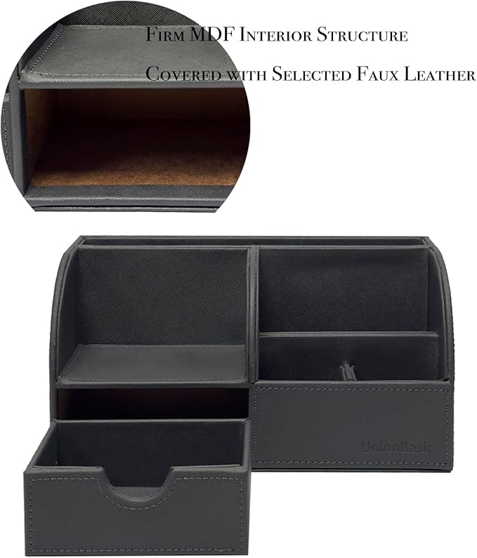 UnionBasic Desk Organizer - Multifunctional Leather Desktop Pen Holder Storage Box - Business Card/Pen/Pencil/Mobile Phone/Stationery Holder, Dark Gray