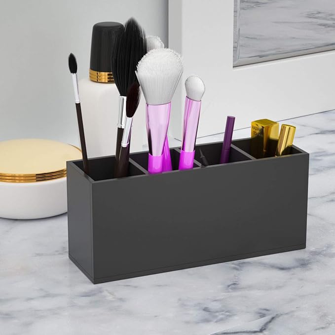 NIUBEE Acrylic Pen Holder 4 Compartments, Black Pencil Organizer Cup for Countertop Desk Accessory Storage (Black)