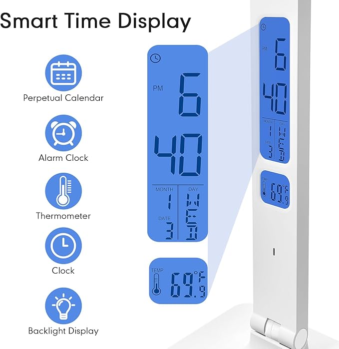 karidi Smart Desk Lamp with Digital Clock, 4-in-1 Charging Station (2 AC Outlets, Type-C, USB-A Ports), Temperature Display, 5 Color & Brightness Settings, Ideal for Offices & Bedrooms