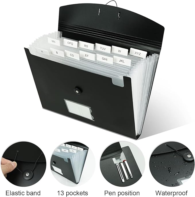 Expandable File Folders, Expanding Receipt Organizer, Accordion Folder File Folders, Important Document Organizer, Accordion Folder for Office/School/Home (Black)