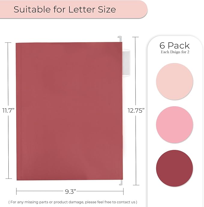 Y YOMA Letter Size - 6 Pack Extra Capacity Hanging File Folders Accordion Decorative Reinforced File Folder Cute Colored Expandable Folder for Office Home with 1/5-Cut Adjustable Tabs, Cute Pink
