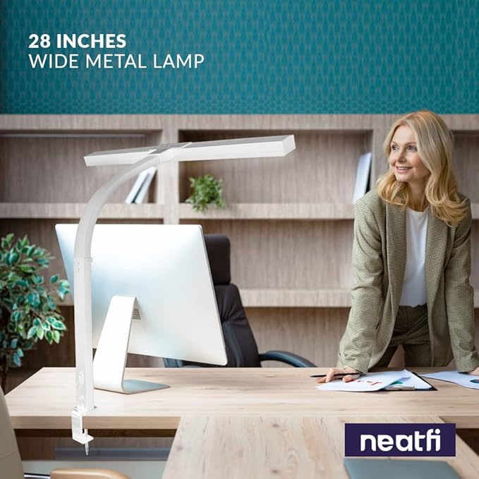 Neatfi (New Model) Flex Desk Lamp with Clamp, Dimmable, 3,000 Lumens 30W LED Monitor Light, 3000K-6500K Correlated Color Temperature, 5 Brightness Levels & 5 Light Modes (28 Inches, White)