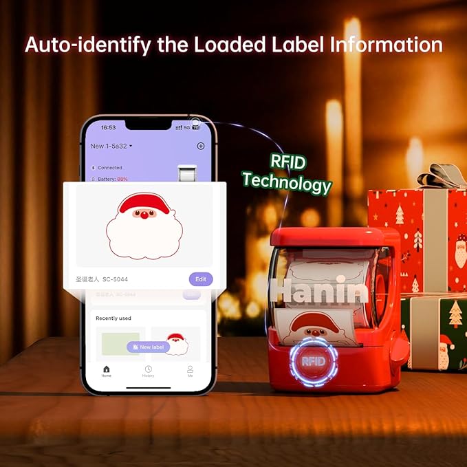 NEW1 Label Printer +4 Rolls Labels, 2 Inch Portable Inkless Bluetooth Label Maker for Small Business, Home, School, Automatic Label Recognition, Sticker Printer for Address Logo Barcode Clothing（Red）