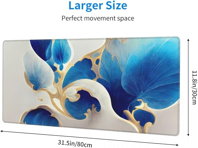 Desk Pad,Office Desk Mat 31.5"×11.8" Large Gaming Mouse Pad,Extended Computer Mouse Pad,Waterproof Thick Big Mouse Pads with Non-Slip Rubber Base Office Home Blue White Marble Flower