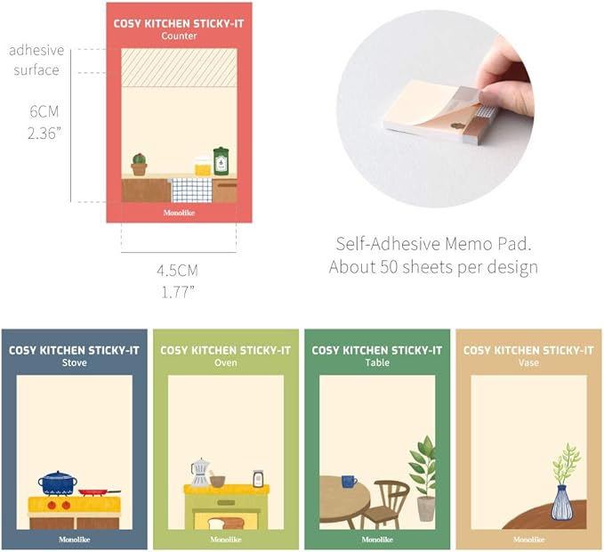 Monolike Cosy Kitchen Sticky-it - 5p Set Self-Adhesive Memo Pad 50 Sheets