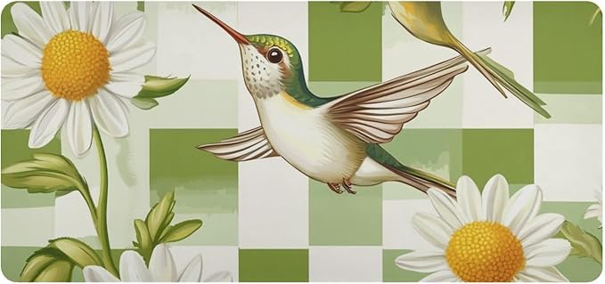 Mouse Pad Desk Mat Leather Desk Pad Large Gaming Desk Cover Protector Mat for Keyboard Computer Laptop Office Waterproof 47.2 x 23.6 Inch Checkered Green and White Hummingbirds Daisy