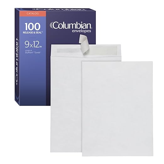 Columbian Self-Seal Mailers, Self-Sealing Envelopes, Made with DuPont Tyvek Material, 14 lb., Puncture, Tear and Moisture Resistant, White, 9" x 12", 100 per Box (1016969)