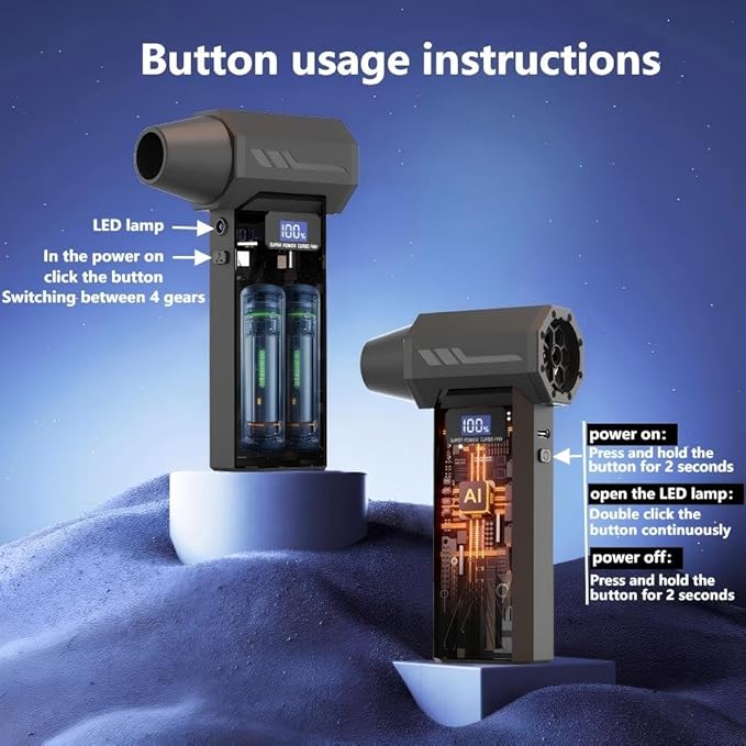 Nuoirjg 2-in-1 Air Duster and Vacuum Cleaner, 110000RPM Electric Blower with Screen Display and LED Lights, 4-Gear Adjustable Power,Dust Blower for Computer, Keyboard, House, Outdoor and Car