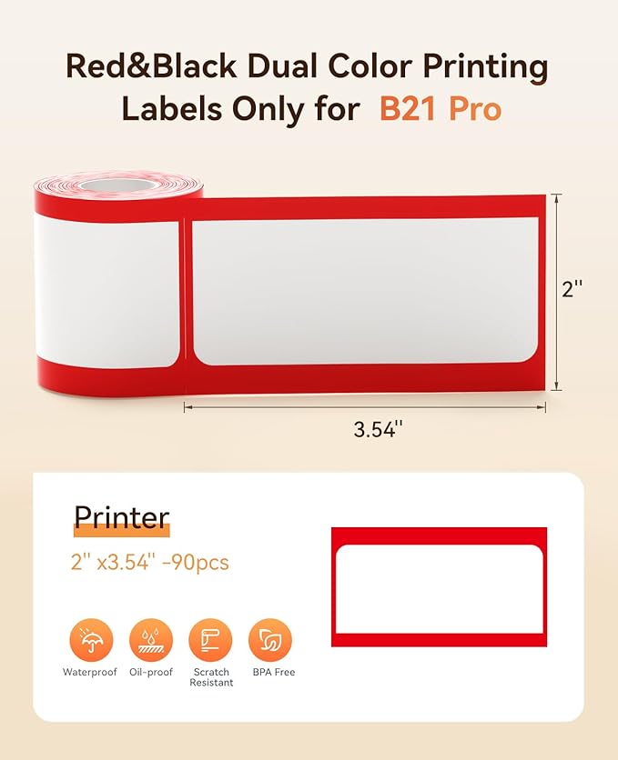NIIMBOT B21 Pro Label Maker Refill - 300DPI Red & Black Dual Color Sticker Paper Red Line (2"x3.5"/50x90mm) for School, Office, Retail, Baking & Safety Labels - Compatible with B21 Pro Only