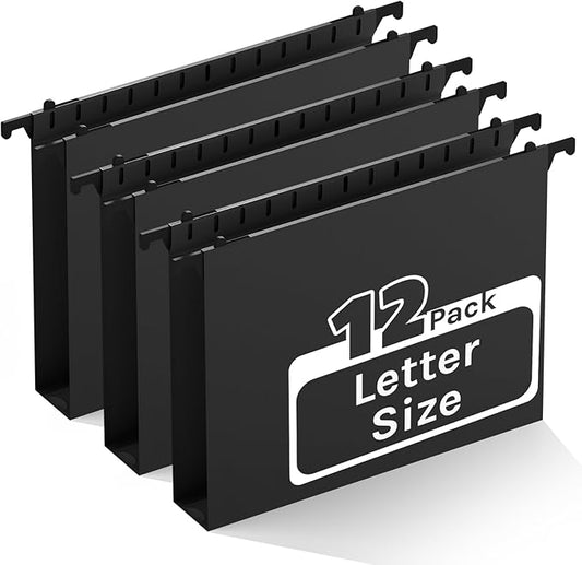 Ansook Extra Capacity Plastic Hanging File Folders,12 Pack Reinforced Letter Size Hanging Folder,Heavy Duty 1 Inch Expansion, Filing Cabinet Folders,for Bulk Files, Medical Charts,Black