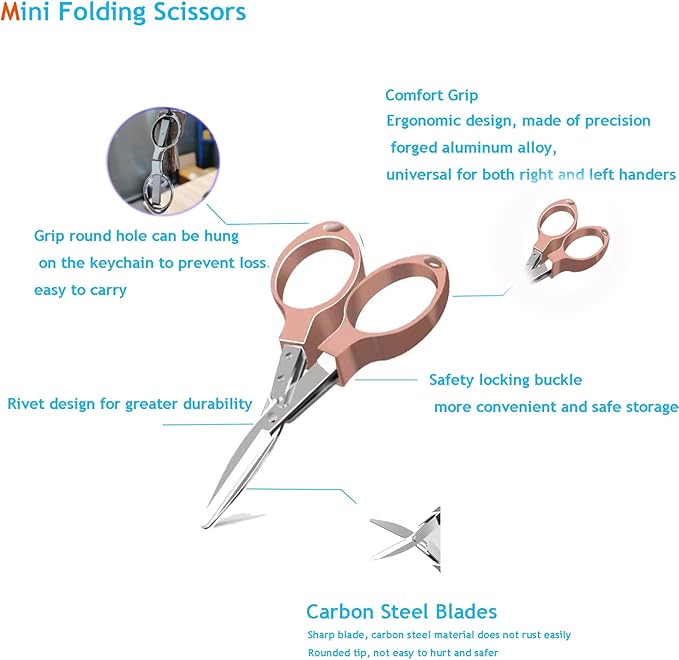 Mini Folding Scissors, Safe Portable Travel Mini Scissors, Stainless Steel Retractable Small Scissors for Home Office, Safe Portable Travel Scissors, 2 Piece Set (rose gold)