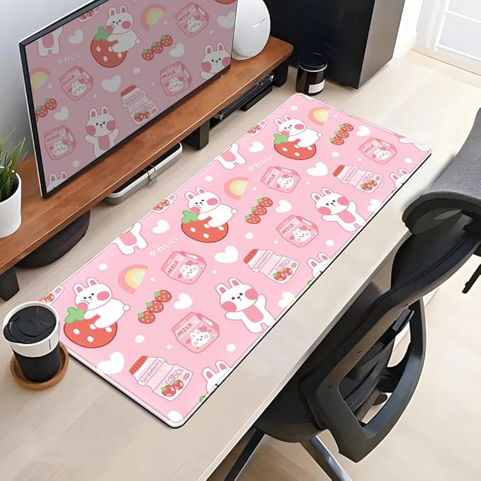 Cute Milk Rabbit Pattern Desk Mat Pink Mouse Pad Office Gaming Pink Cute Office Supplies Decor for Women Desk XL Computer Mouse Pad Accessories Desk Pad 31.5x11.8In with Stitched Eges