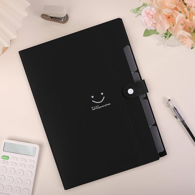 SKYDUE File Folder with 8 Labels, 5 Pockets Accordion Paper Organizer for School and Office，A4 Letter Size，Black