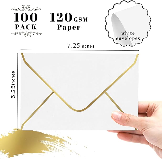 A7 White Envelopes 50 Pcs, Goefun 5x7 V-Flap Fancy Envelopes with Gold Border, for Invitation, Bridal Shower, Wedding, 5.25 x 7.25in