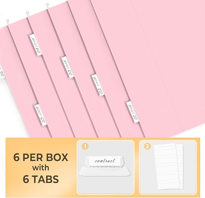 SUNEE 6 Pack Hanging File Folders, Pink Folders, Hanging File Folders Letter Size with 1/5-cut Tabs, Stay Organized for Your Home and Office Bulk File and Documents