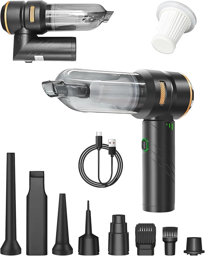 Baiwade Foldable Cordless Handheld Car Vacuum Cleaner, 15000PA High Power 2-in-1 Mini Vacuum Duster & Inflator, with 3-Speed Brushless Motor for Car Care, Home, Office, Pet