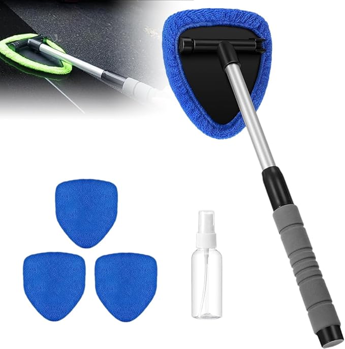 Windshield Cleaning Tool, 2025 New Car Interior Window Cleaning Kit with Extendable Handle, with 3 Towel Pads Windshield Cleaning Tool, Auto Glass Wiper for Windshield, Trucks, SUVs, RVs (Blue)