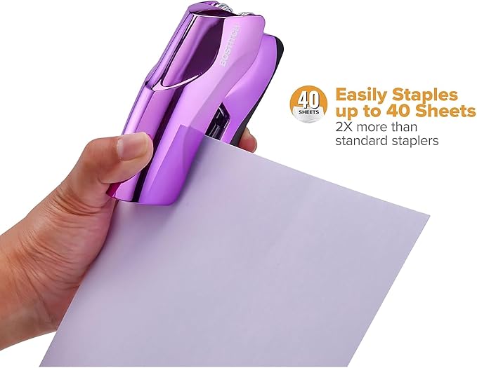 Bostitch Office Heavy Duty Stapler, 40 Sheet Capacity, No Jam, Half Strip, Fits into the Palm of Your Hand, For Classroom, Office or Desk, Metallic Purple