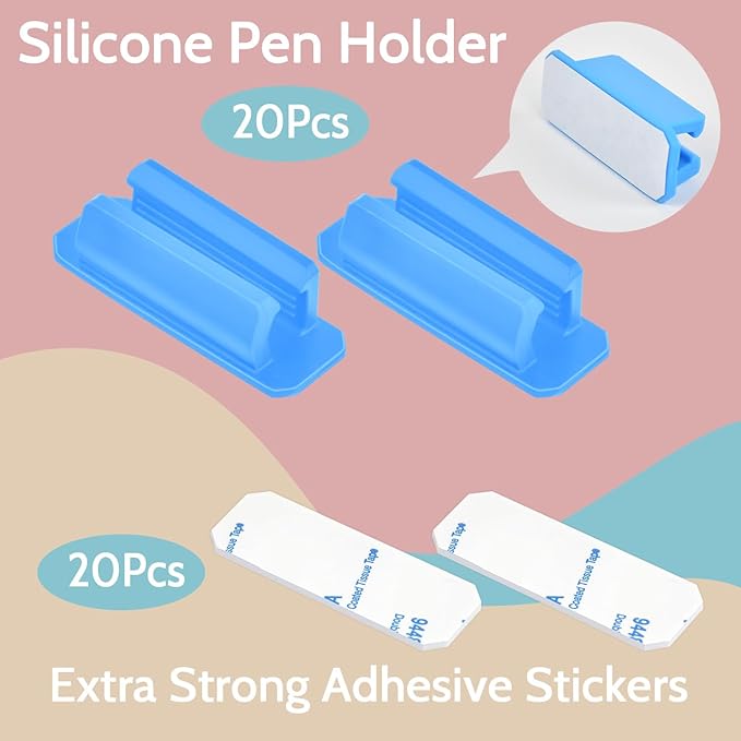 20 Pack Pen Holder Silicone,Adhesive Pen Holder for Desk,Marker Clip for Classroom Office Desk Accessories, Pencil Holder with 20 Double Sided Extra Sticky Tape (Blue)