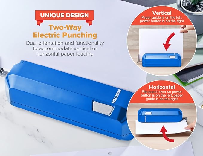 Bostitch Office Electric 3-Hole Punch, Dual Paper Loading, Heavy Duty, Jam-Free 20 Sheet Capacity, AC Adapter or Battery Powered, Space Saving, Blue, (EHP20-BLUE)